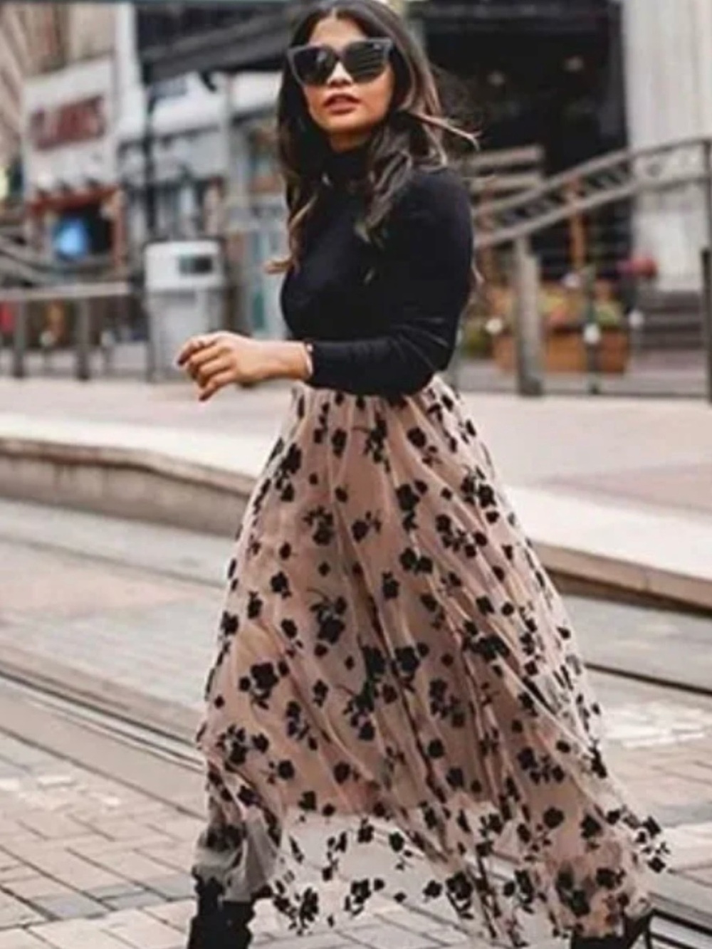 Floral Mesh Maxi Skirt in Beige and Black